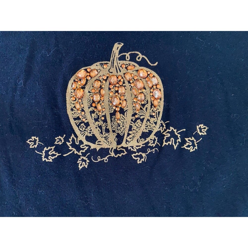 Karen Scott Halloween Rhinestone Pumpkin Top Size L Black Fall Teacher Novelty - Picture 9 of 11